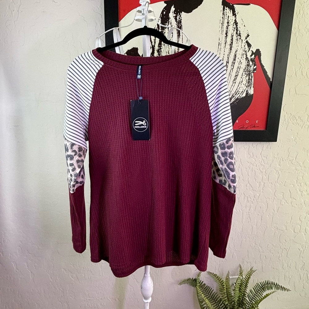 Maroon Striped and Animal Print Long Sleeve top blouse‎ shirt size M NWT Y2k